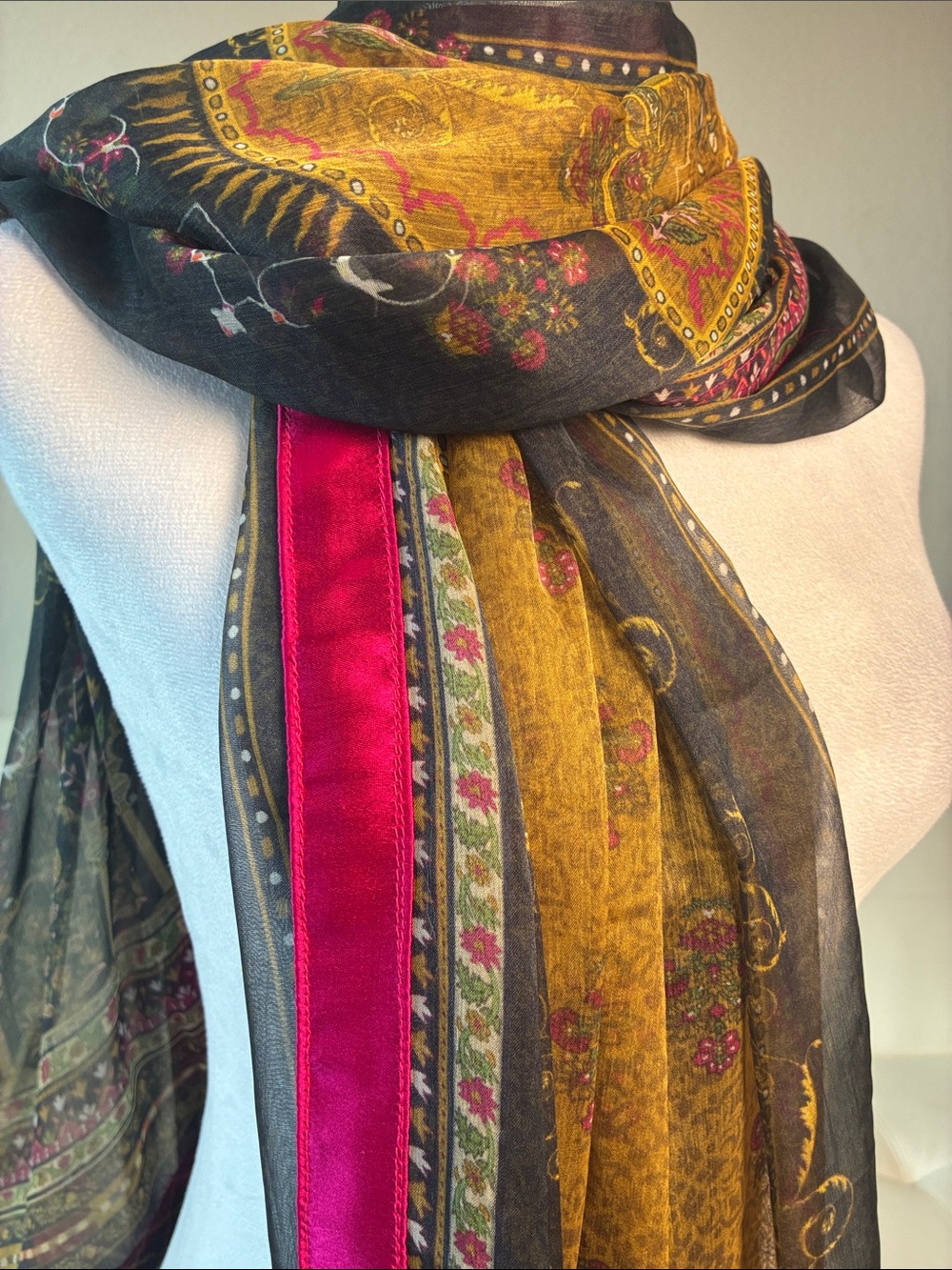 Silk-Trim Paisley Scarf in Olive, Black & Fuchsia - Women's Accessory